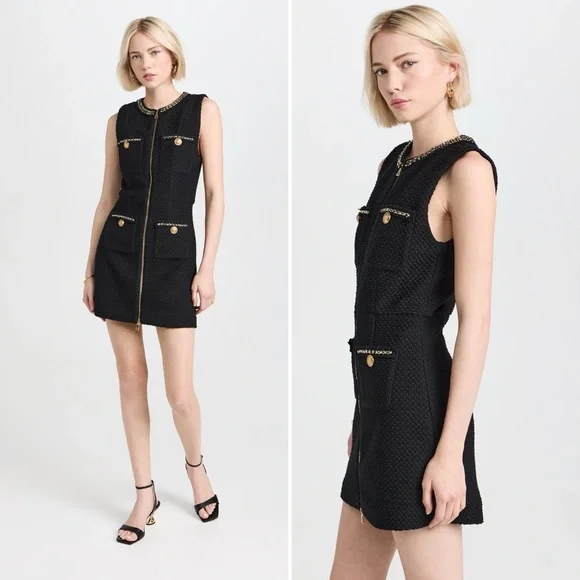 NWT Alice + Olivia Lachlan Boucle Tweed Mini Dress Size 12 Black Gold